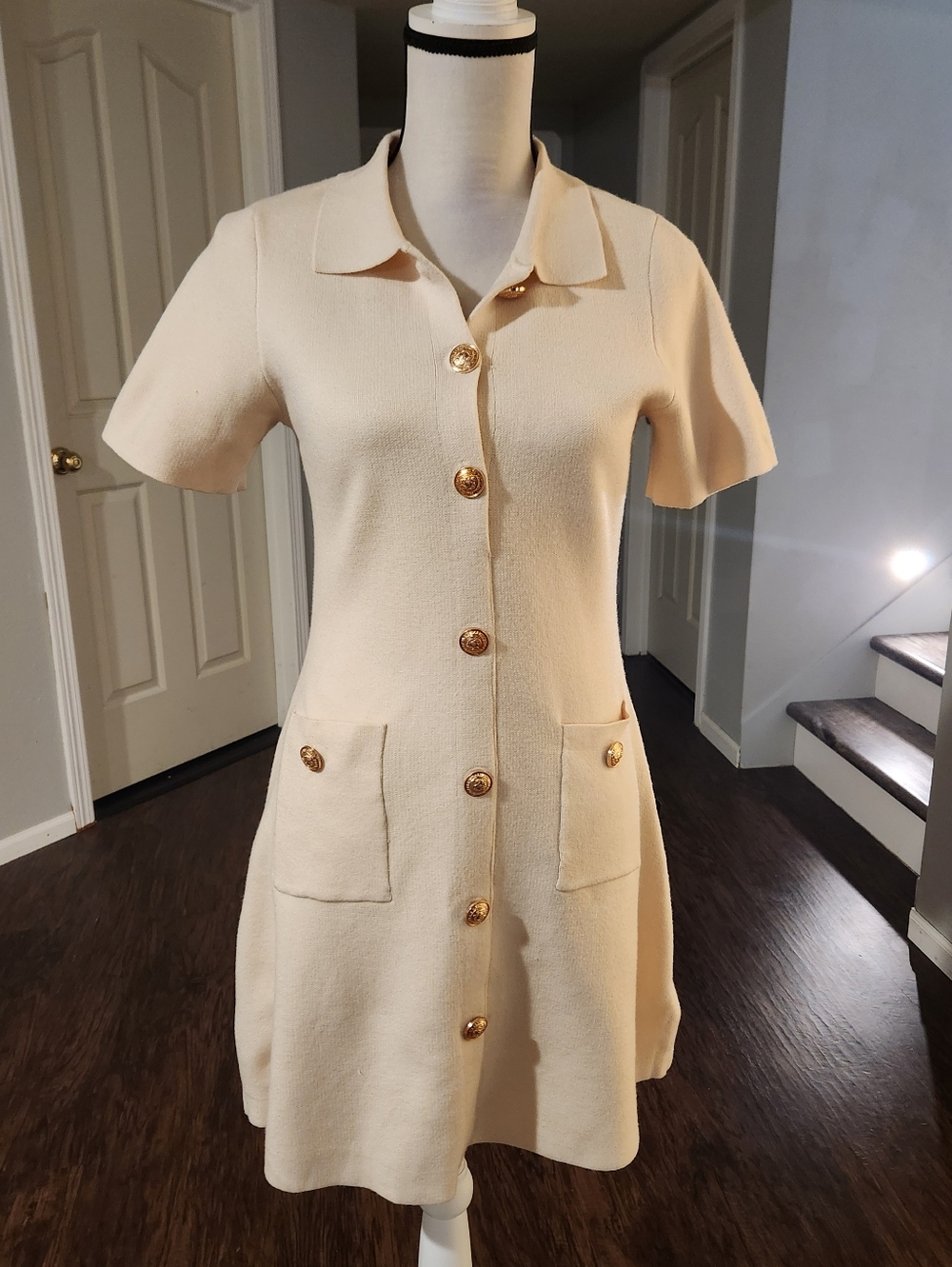 NWT Lulus Cream Quiet Luxury Capsule Gold Button Pocket Knit Collar Dress - Picture 4 of 9